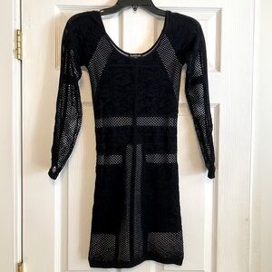 Bebe black netted and lace stretch bodycon fitted SP mini cocktail dress lined